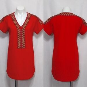 Red Embroidered V-neck Bohemian Shift Dress Summer Festival Resort XS Casual
